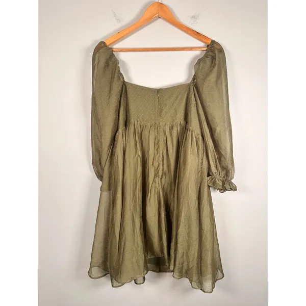 Storia Babydoll Dress Women L Olive Green Clip Dot Puff Sleeve fairy JD2443AD - Image 4