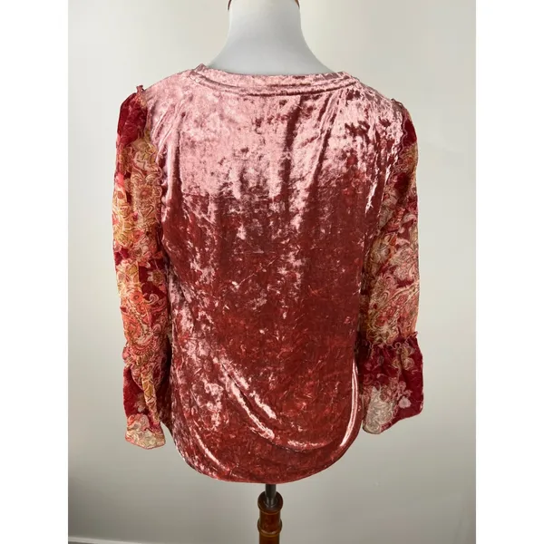 Mystree Rose Crushed Velvet Paisley Bell‎ Sleeve Boho Top Size M - Image 2