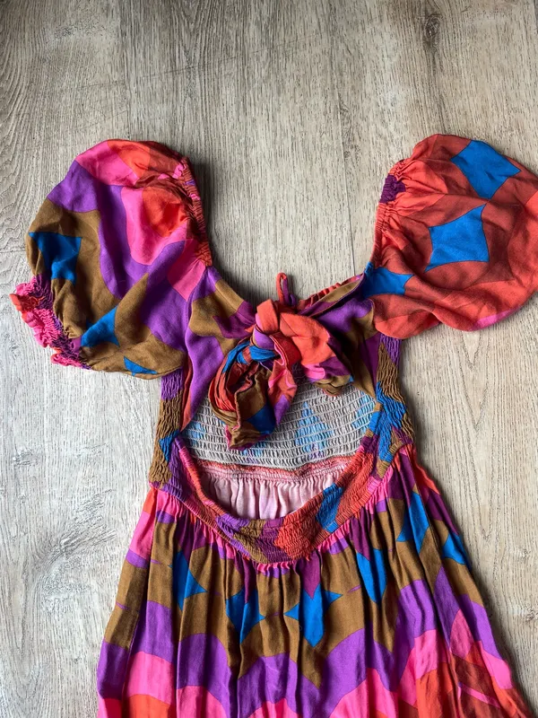 Olivaceous Retro Puff Sleeve Tie Front Smocked Midi Dress Multicolor Size M - Image 6