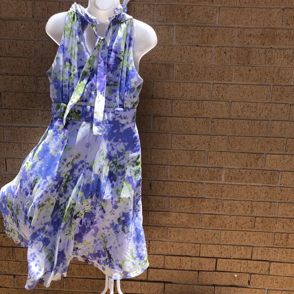 Scarlett 70s Vintage Blue and purple floral sleeveless halter dress with ruffle detailing on the neck - Image 2