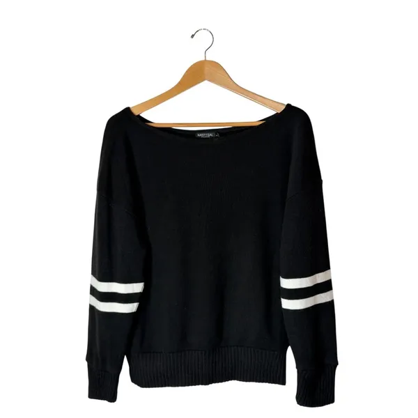 Nasty Gal Sweater Women Large Black Boat‎ Neck White Varsity Stripe Sleeve Knit - Image 2
