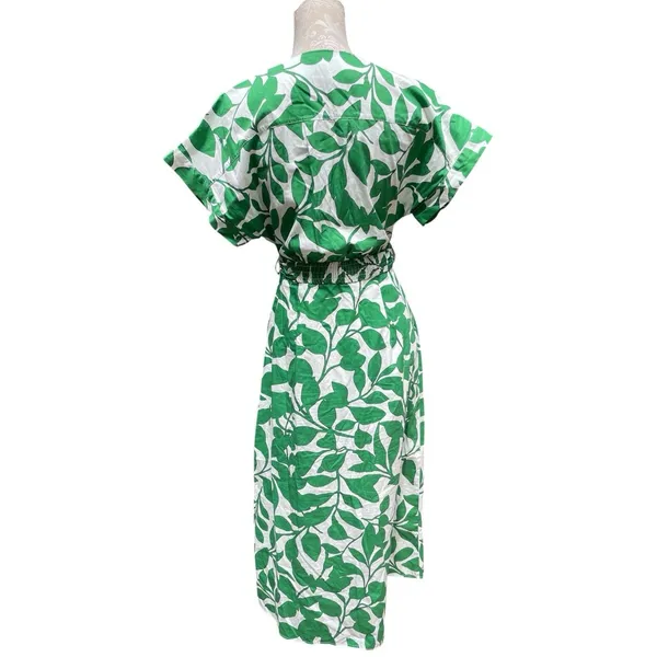 Coastal White Green Botanical Cotton Maxi Shirt Dress Belted Pockets Zara M - Image 6