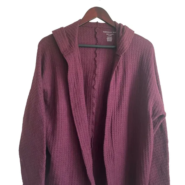 American Eagle Women Cardigan XS Burgundy Hooded Waffle Knit‎ Lounge Cozy Layer - Image 4