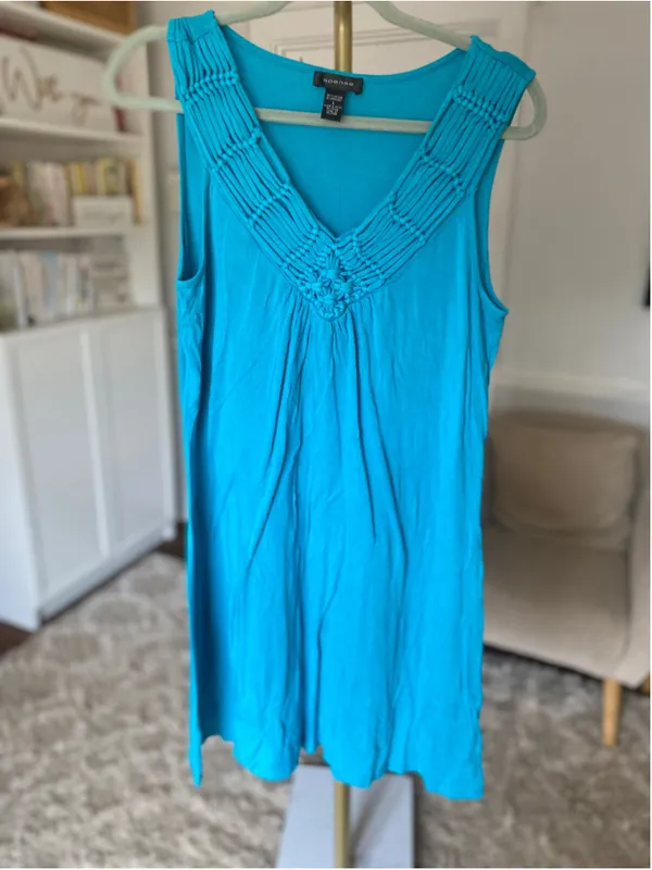Spense Knee Length Swing Dress Turquoise Macramed Neckline Boho Resort Coastal - Image 2