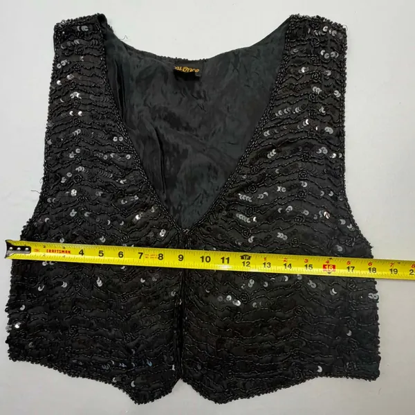 At Once Vintage Black Silk Beaded and Sequined Cropped Vest, Size Large - Image 6