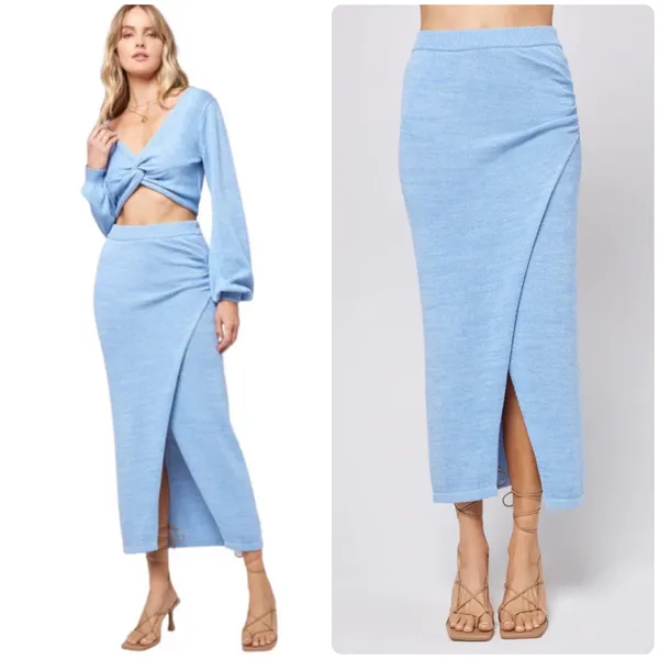 L*Space Womens Blue Siren Ruched High Slit Cotton Knit Midi Skirt Size S‎ - Image 2