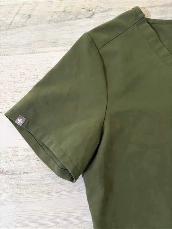 FIGS Olive Green V-Neck Short Sleeve Scrub Top - Image 3