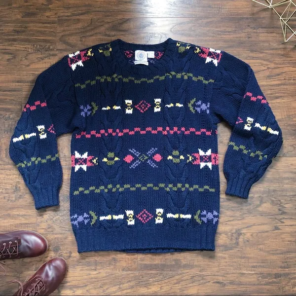 vintage • handknit sweater pullover chunky oversized navy blue 1990s cable knit - Image 3