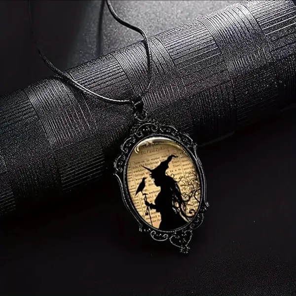 Witch And‎ Raven Cameo Black Pendant, Vintage Style Gothic Crow Glass Pendant - Image 4