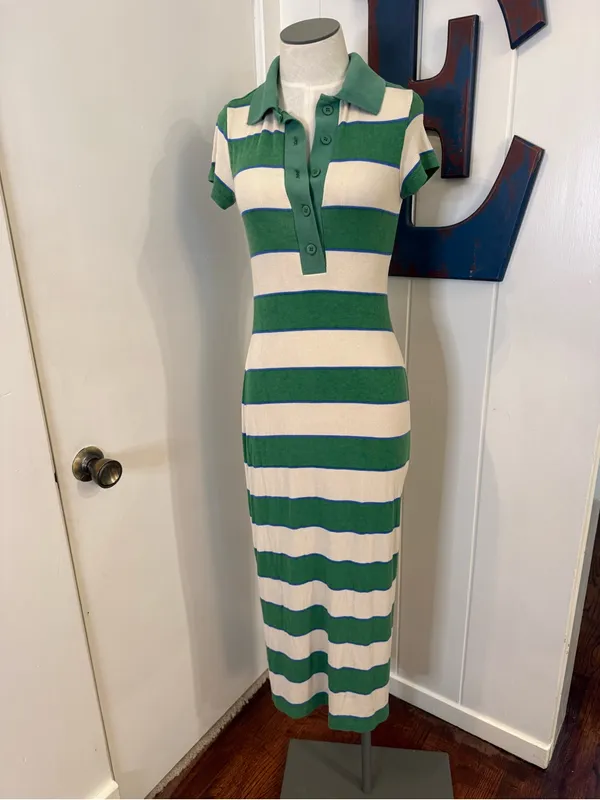 ASOS Green and White Striped Polo Knit Midi Dress Sz 2 - Image 4