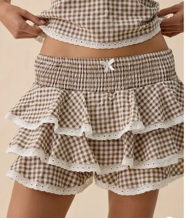 Urban Outfitters Daisy Street Coconut Brown Gingham Lace Trim Top & Ruffle Shorts - Image 2