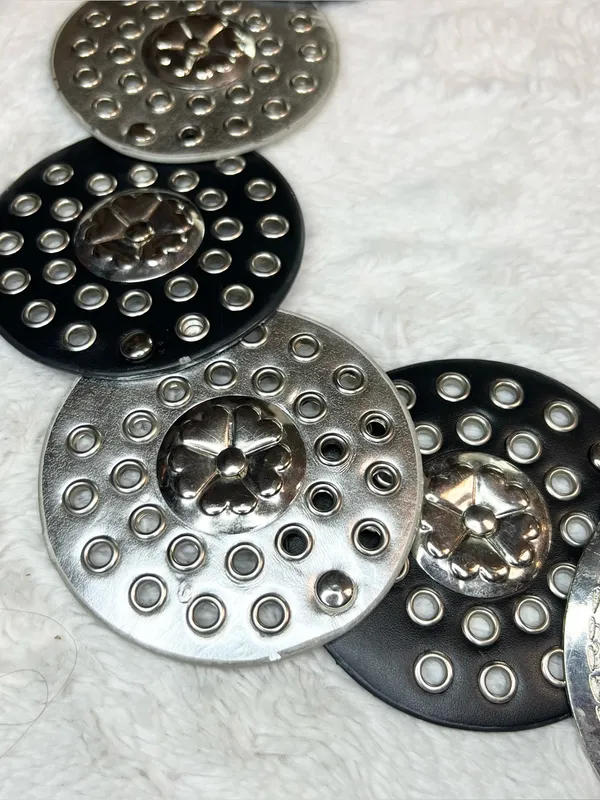 Vintage Black & Silver Faux Leather Boho Medallion Hip Belt Hammered Buckle - Image 3