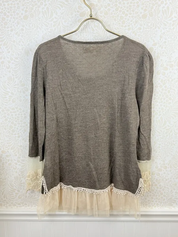 a'reve by Anthropologie Brown Lace Tule Trim Sweater - Size - Large - Image 2
