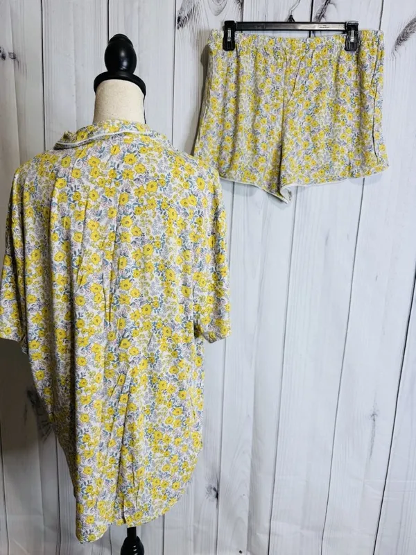 Ann Taylor Loft Sleep Pajama Top & Shorts Set Yellow Floral Sz XL Button Down - Image 5