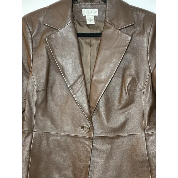 Kim Rogers Womens M Brown 100% Leather Button Front Blazer Jacket Lined Classic - Image 2
