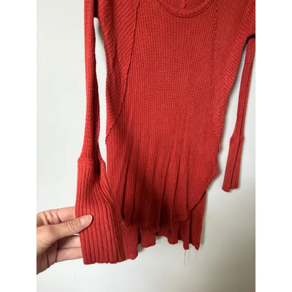 Free People Drippy Ventura Top Women XS Rust Waffle Knit Thermal Boho Red Orange - Image 11