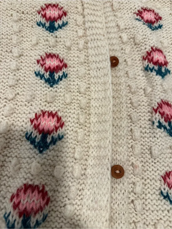 VTG Cream Peruvian alpaca knit bobble popcorn floral AOP Cottagecore cardigan. - Image 6