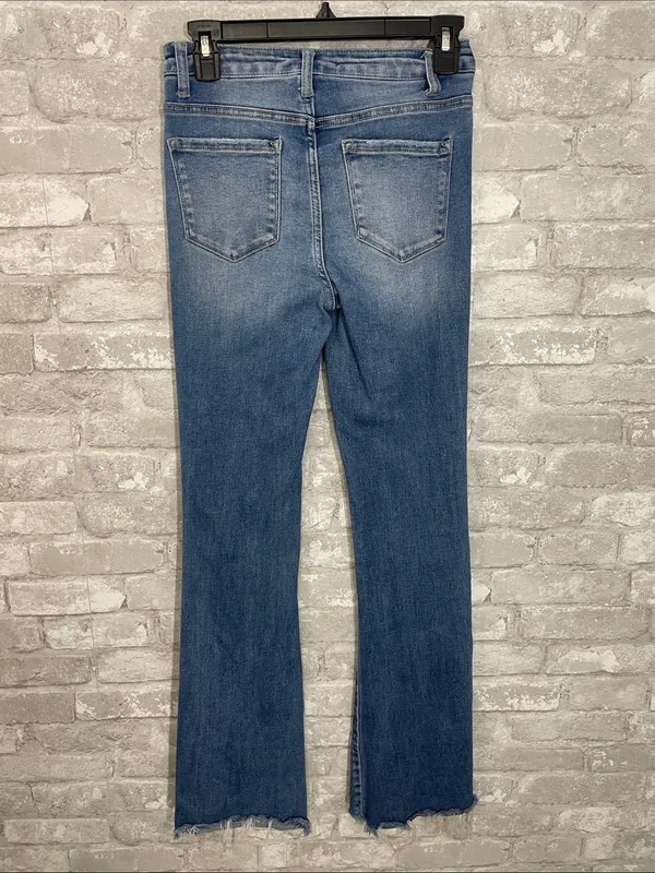 Vervet Flying Monkey Medium Blue Distressed Button-Fly High Rise Flare Jeans - Image 3