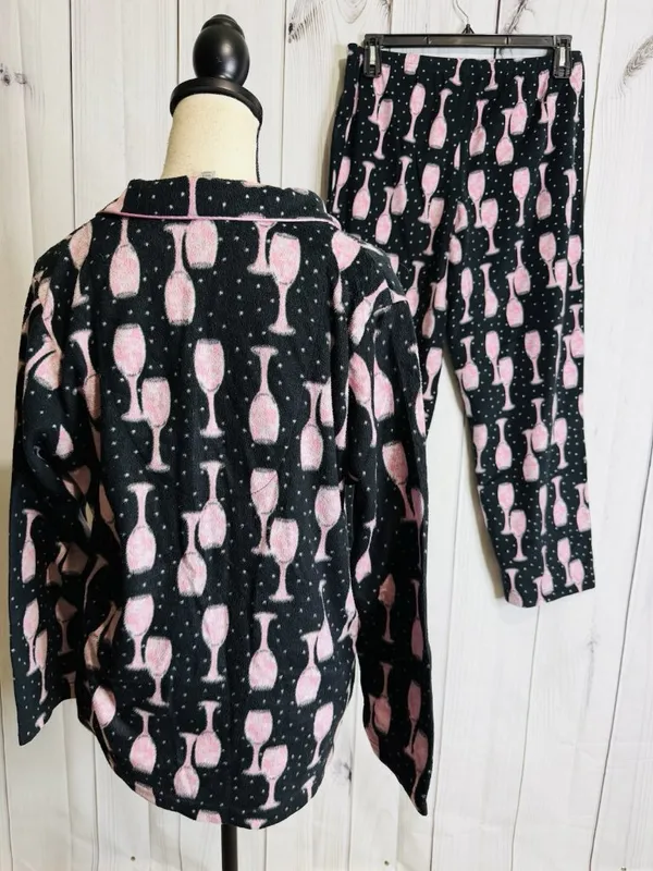 Charter Club Intimates Pajama Set Sz L Black Pink Wine Glasses Fleece Pockets - Image 7