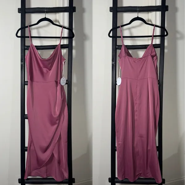 More to Come Adonia Pink Satin Wrap Midi Dress With Cowl Neckline And Tulip Hem - Image 3