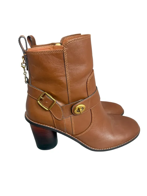 Coach Saddle Tan Leather Moto Buckle Heeled Ankle Booties Biker Size 8.5 Women's - Image 8