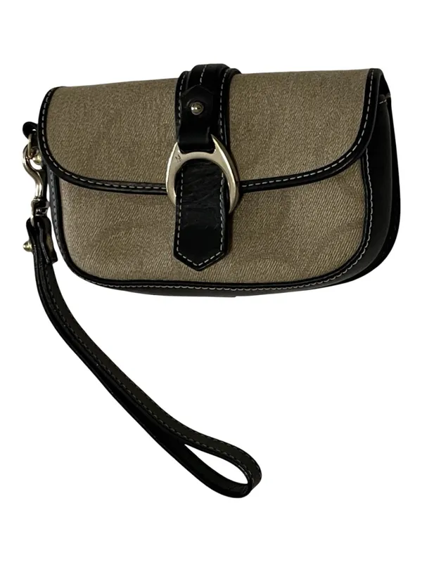 Dooney & Bourke Vintage Tan Canvas Flap Wristlet Black Leather Trim - Image 3