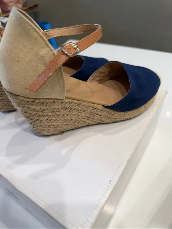 Dream Paris Navy and Cream Canvas Espadrille Wedges - Image 4