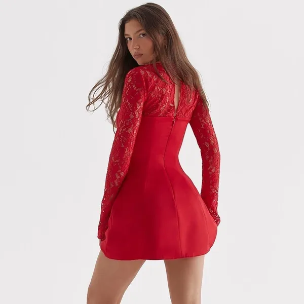 House of CB Longsleeve Satin & Lace Mini Dress M - Red - Image 3