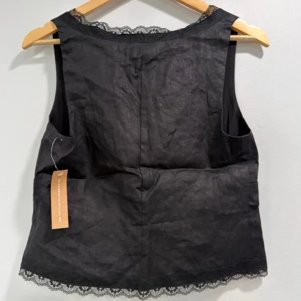 kourt Odette Linen Black Tie Front Minimalist Romantic Airy Lace Trim Top NWT 6 - Image 6