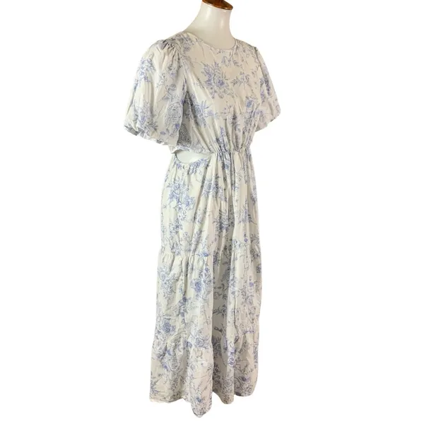 Indigo‎ Rose Blue Floral Puff Sleeve Tiered Midi Dress Cottagecore 10 - Image 3