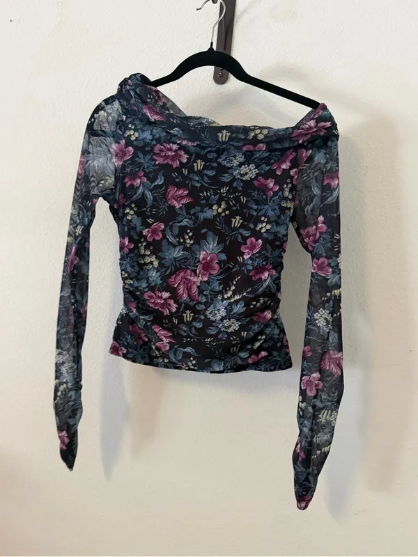 Anthropologie Mesh Off-Shoulder Asymmetrical Floral Ruched Top - Image 5