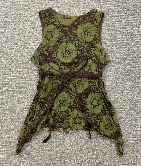 Hot Tempered Y2K Olive Green Brown Floral Paisley Mesh V Neck Asymmetrical Tank - Image 2