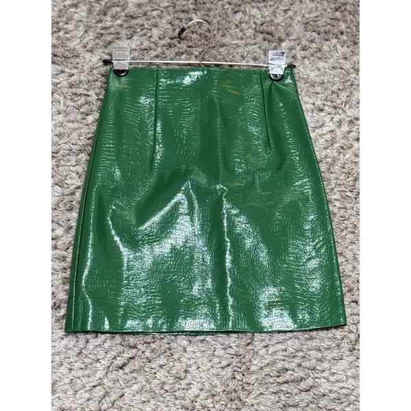 Porridge Anthropologie Women XS Mini Skirt Faux Leather Green Croc Embossed - Image 3