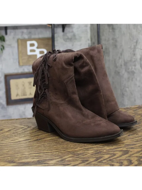 Universal Thread Fringe Western Boots Faux Suede Mid Calf Chocolate Brown 7M - Image 2