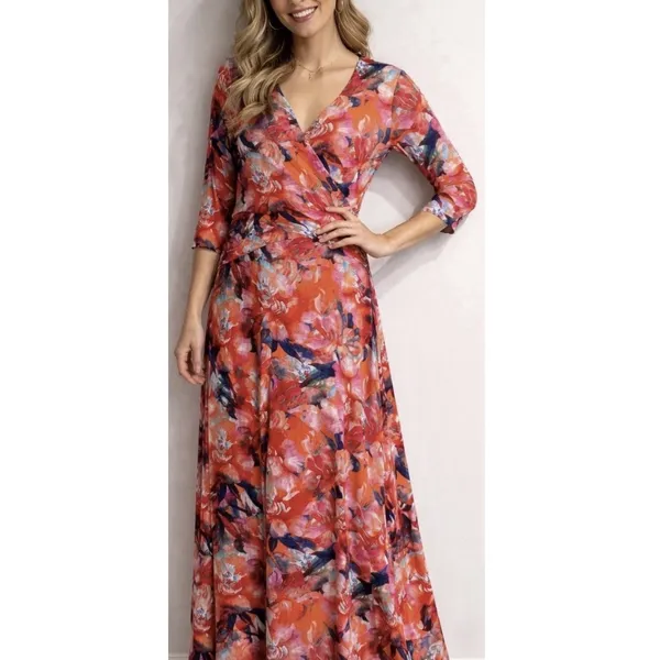 Soft‎ Surroundings Size-S Le Jardin Faux Wrap Maxi Dress Crimson Floral Print - Image 2