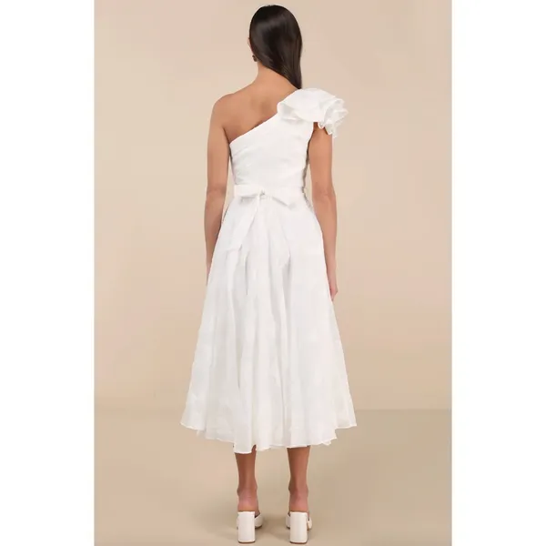 Lulus Sweet Definition White Burnout Ruffled One-Shoulder Midi Dress Large NWT - Image 2