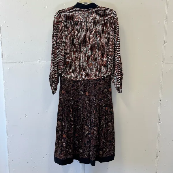 Warm NY Mixed Print Silk Viscose Midi Dress Brown Floral Stripe Size 0 Boho Fall - Image 2