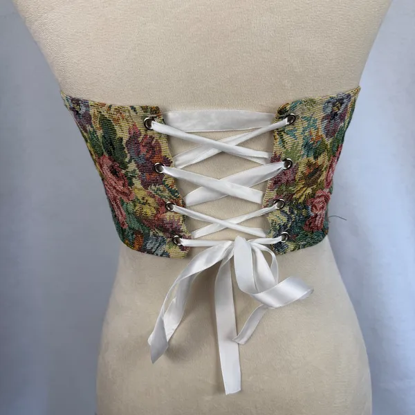 Floral Tapestry Corset Crop Top Lace Up Back Strapless‎ Woven Bodice Small Boho - Image 4
