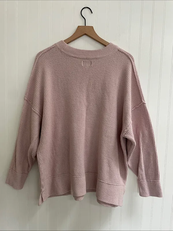 AERIE Ribbed Texture Crewneck Sweater Exposed Seams Soft Chenille Pink Size L - Image 3