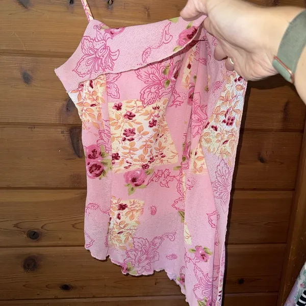 Y2K Wet Seal Pink Floral Tank Top Asymmetrical Lettuce Hem Fairy Mesh Medium - Image 3