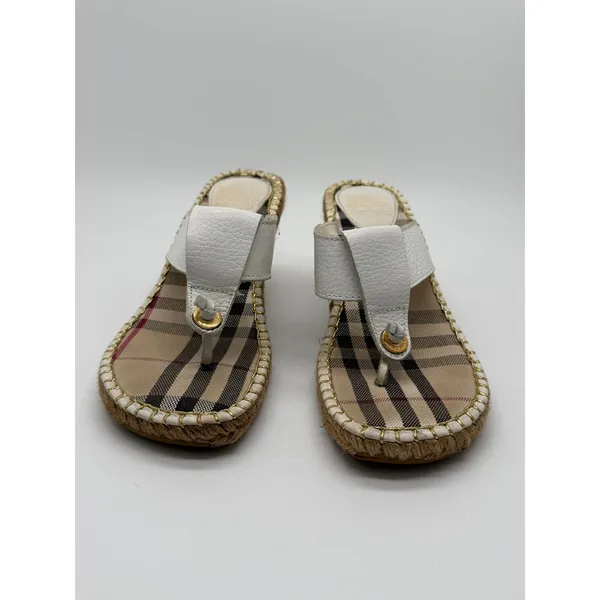 Burberry Wedge Sandals Womens 39 White Nova Check Espadrille Thong Leather - Image 6