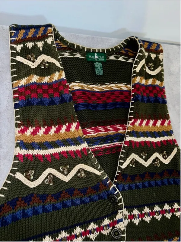 VTG Hunt Club Green Multi-color Fair Isle Knit Vest 18W - Image 6