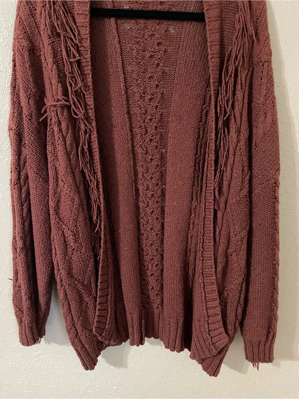 American Eagle Fringe Cable Knit Open Front Cardigan Rust Size XS/S Oversized - Image 9