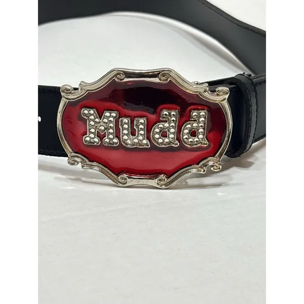 Vtg MUDD Rhinestone Spellout Belt Black Leather Red Enamel Big Statement Buckle - Image 2