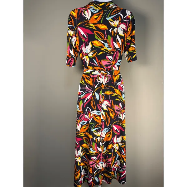 MSK Floral Zip Front Tie Waist‎ Midi Dress Black Multicolor Small - Image 6