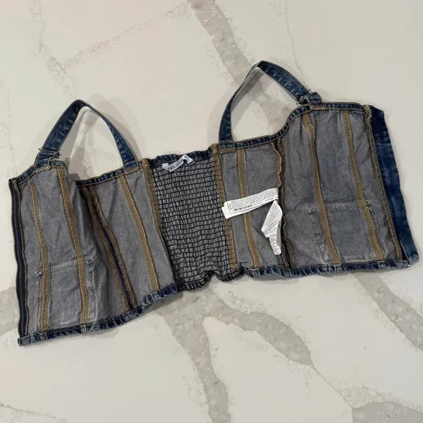 Zara y2k Denim Bustier Crop Top Womens Size Small Blue Smocked Back Front Zipper - Image 3
