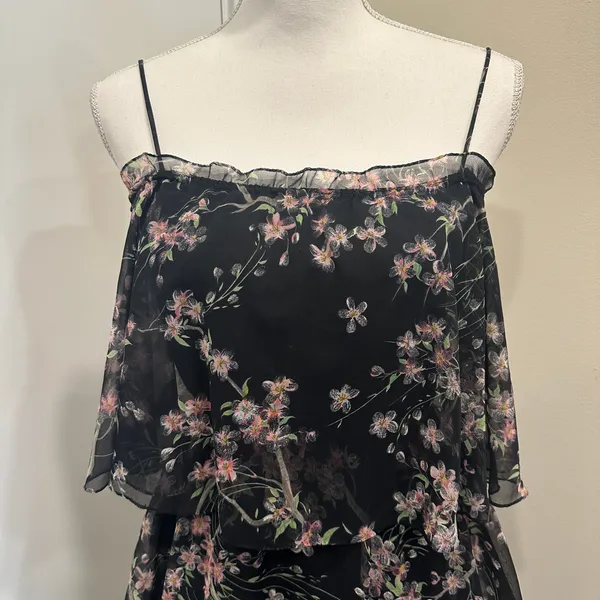 VTG 60-70s Black Chiffon Tiered Midi Dress Pink Floral Coquette Fairy Cottage XS - Image 5