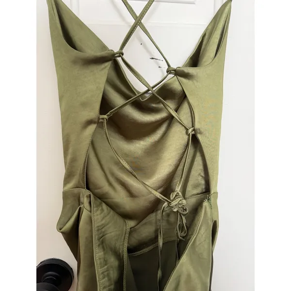 Club L London Olive Green Satin Cowl Neck Ruched Asymmetrical Midi Dress size 10 - Image 8