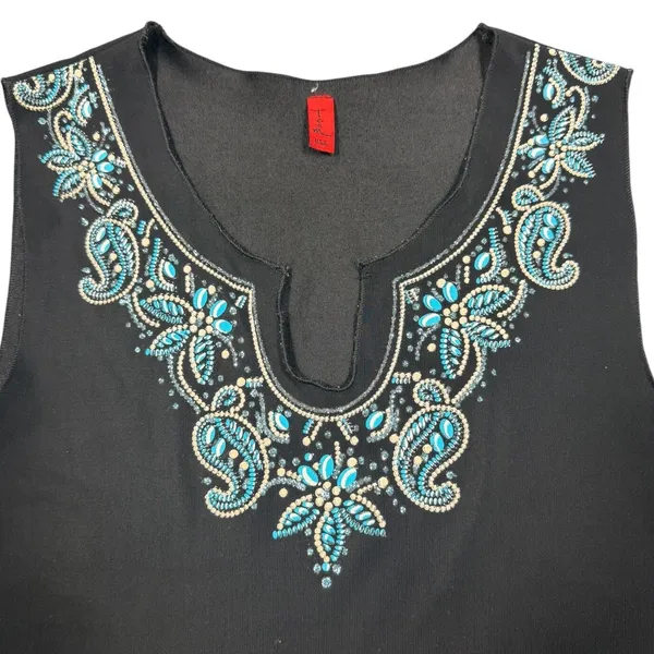 Team Athletics Beaded Paisley Tank Top Womens Medium Black Turquoise Sleeveless Split Neck - Image 11