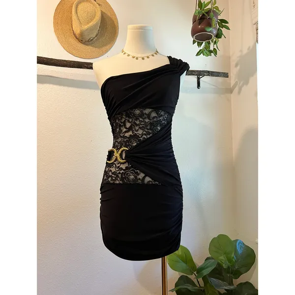 USA De More Y2K Black Stretchy Lace One Shoulder Gold Buckle Dress Size XS - Image 13